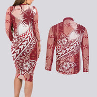 Tonga Kupesi Ngatu Couples Matching Long Sleeve Bodycon Dress and Long Sleeve Button Shirt Vintage Red Plumeria