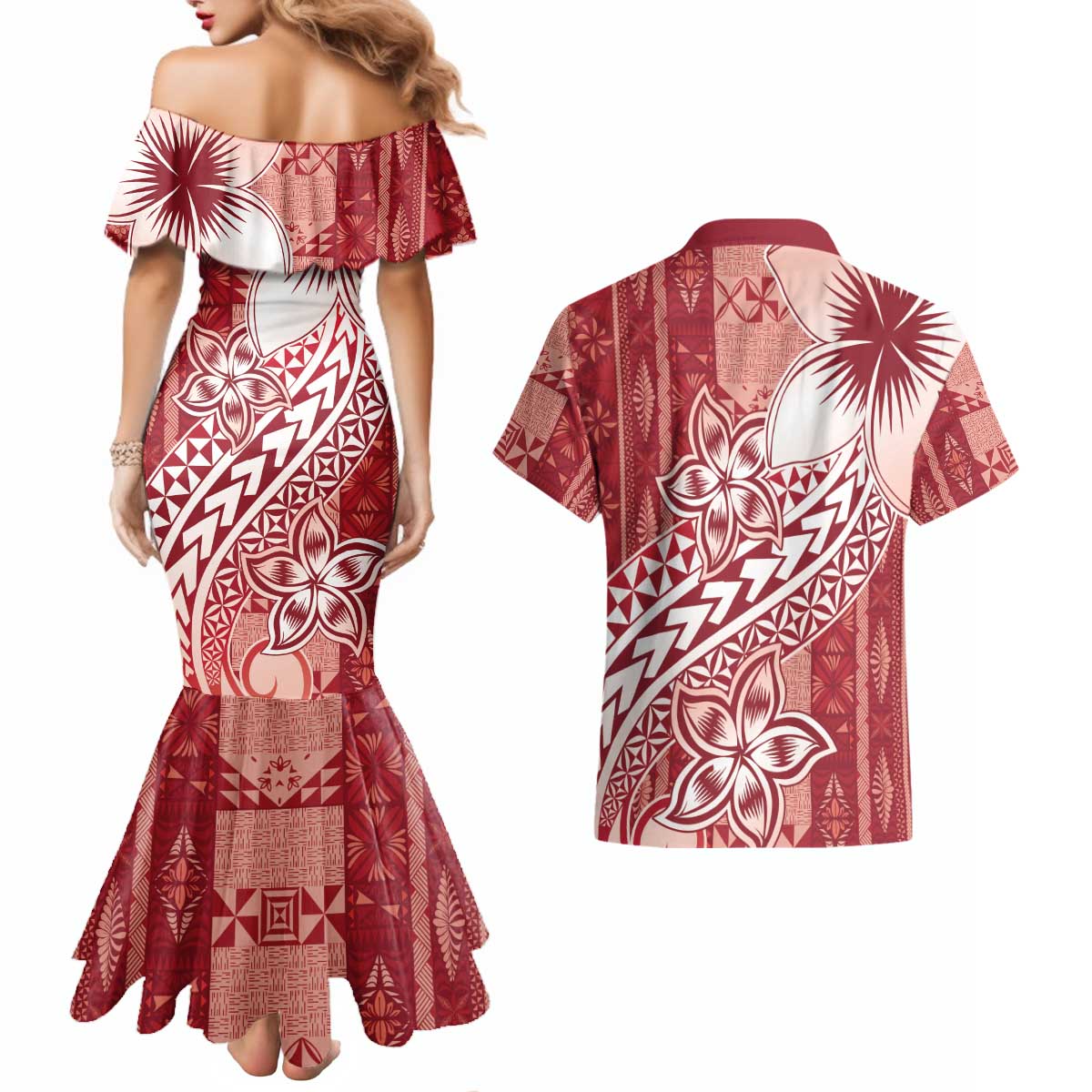 Tonga Kupesi Ngatu Couples Matching Mermaid Dress and Hawaiian Shirt Vintage Red Plumeria