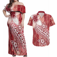 Tonga Kupesi Ngatu Couples Matching Off Shoulder Maxi Dress and Hawaiian Shirt Vintage Red Plumeria