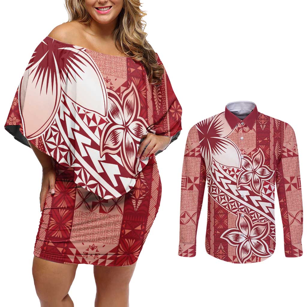 Tonga Kupesi Ngatu Couples Matching Off Shoulder Short Dress and Long Sleeve Button Shirt Vintage Red Plumeria