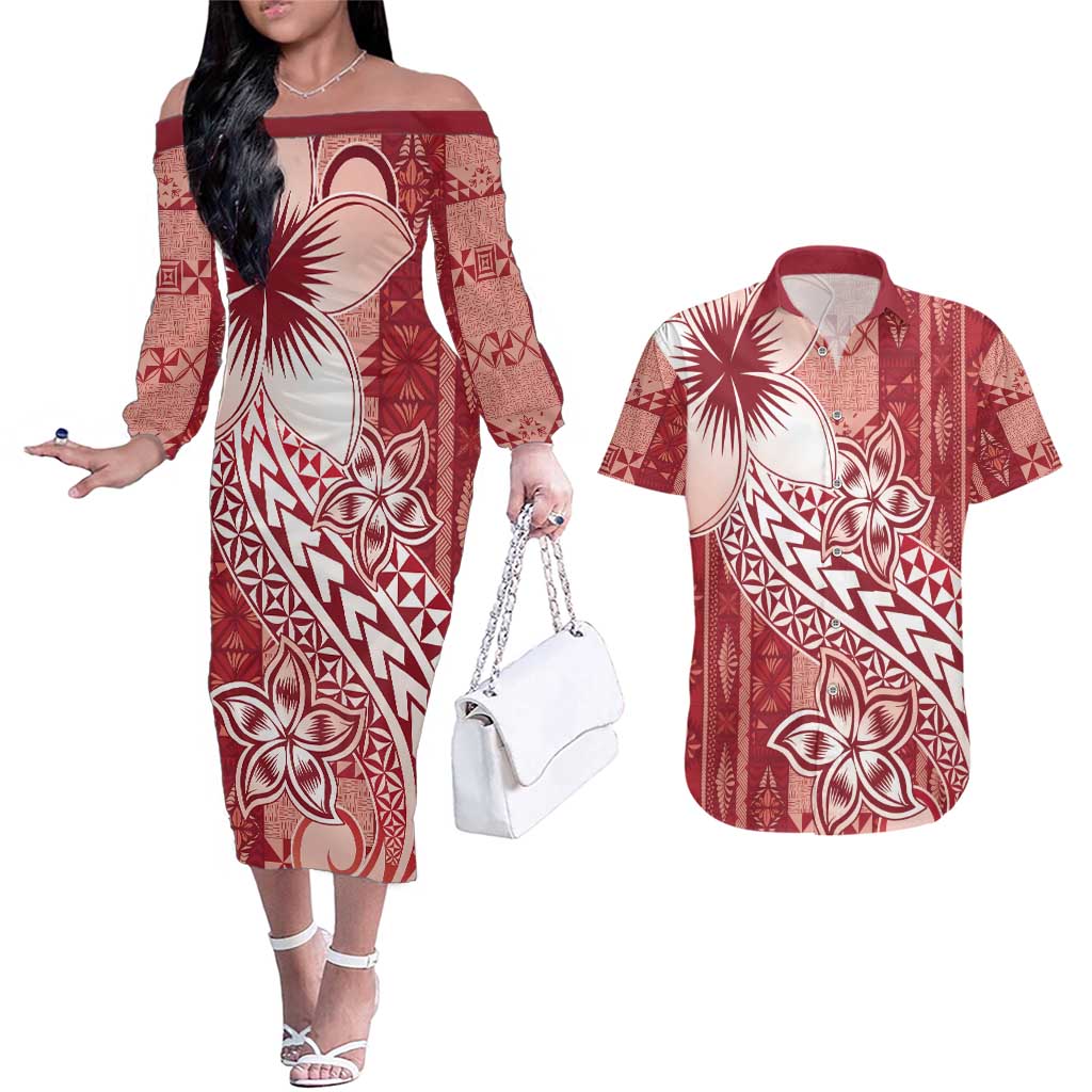 Tonga Kupesi Ngatu Couples Matching Off The Shoulder Long Sleeve Dress and Hawaiian Shirt Vintage Red Plumeria LT05 Red - Polynesian Pride