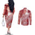 Tonga Kupesi Ngatu Couples Matching Off The Shoulder Long Sleeve Dress and Long Sleeve Button Shirt Vintage Red Plumeria