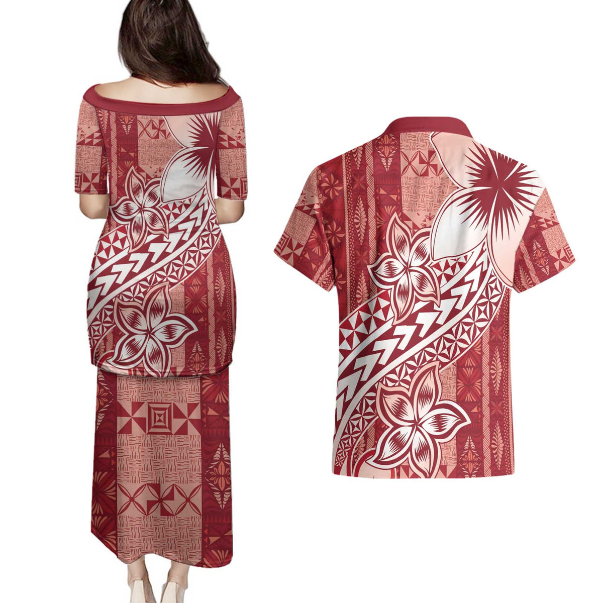 Tonga Kupesi Ngatu Couples Matching Puletasi and Hawaiian Shirt Vintage Red Plumeria