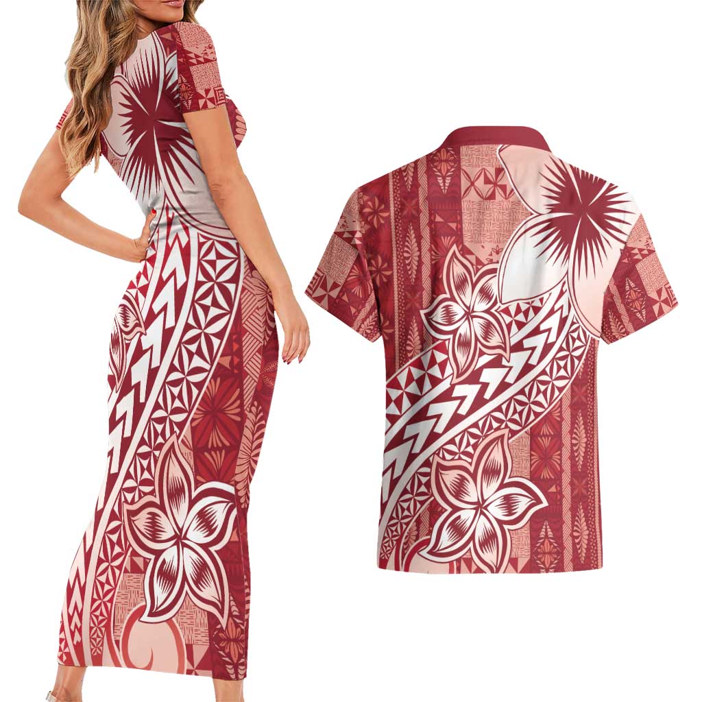 Tonga Kupesi Ngatu Couples Matching Short Sleeve Bodycon Dress and Hawaiian Shirt Vintage Red Plumeria