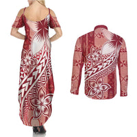 Tonga Kupesi Ngatu Couples Matching Summer Maxi Dress and Long Sleeve Button Shirt Vintage Red Plumeria