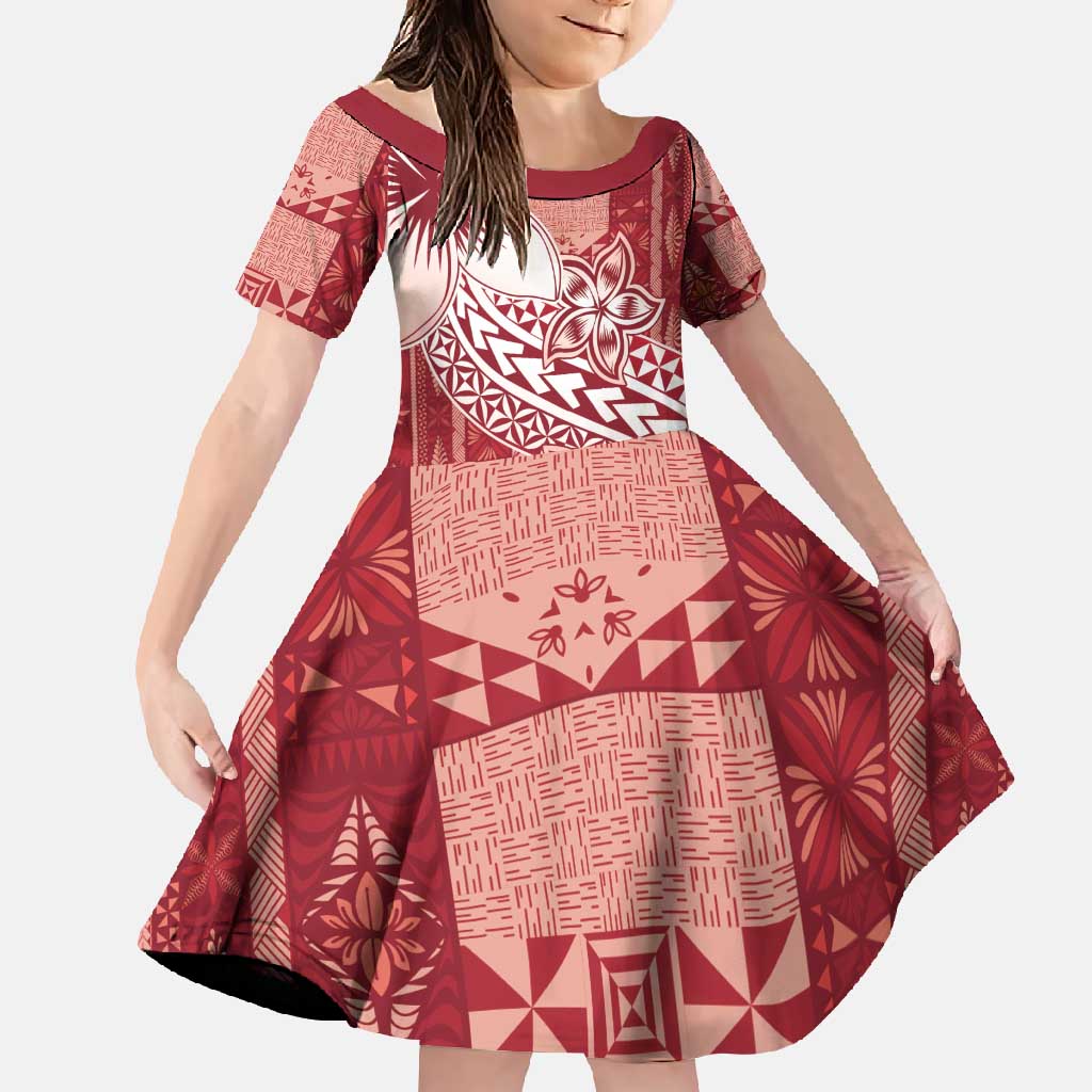 Tonga Kupesi Ngatu Family Matching Long Sleeve Bodycon Dress and Hawaiian Shirt Vintage Red Plumeria