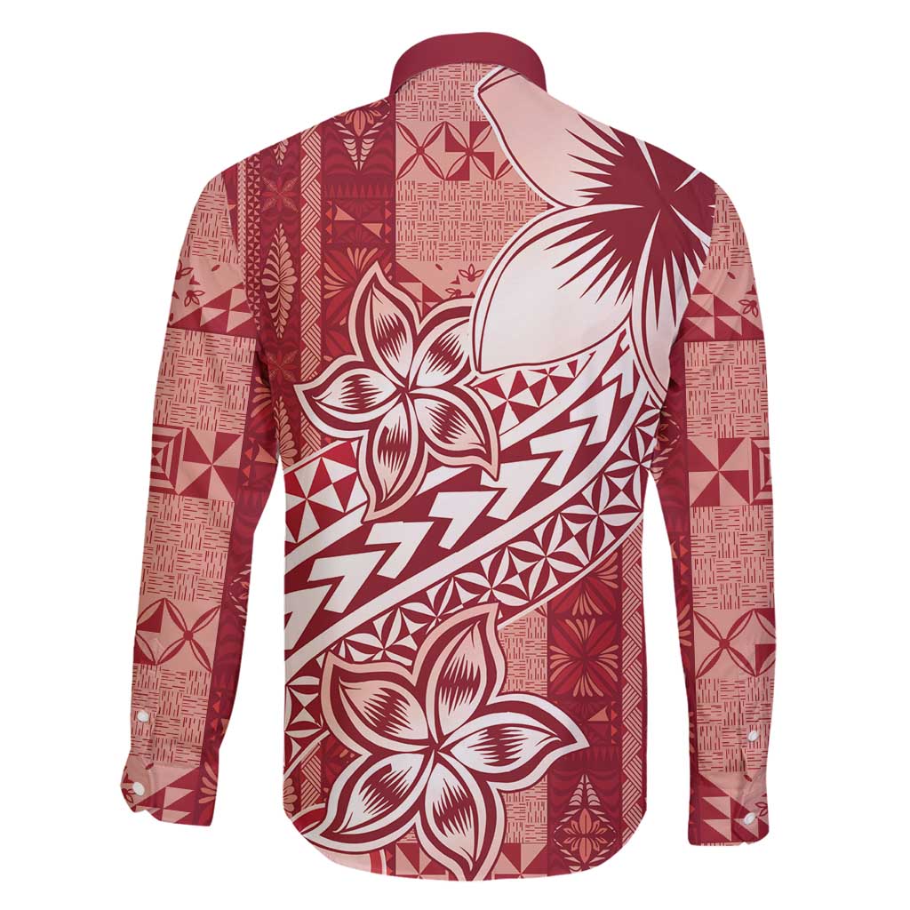 Tonga Kupesi Ngatu Family Matching Long Sleeve Bodycon Dress and Hawaiian Shirt Vintage Red Plumeria