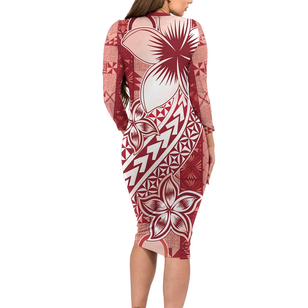Tonga Kupesi Ngatu Family Matching Long Sleeve Bodycon Dress and Hawaiian Shirt Vintage Red Plumeria