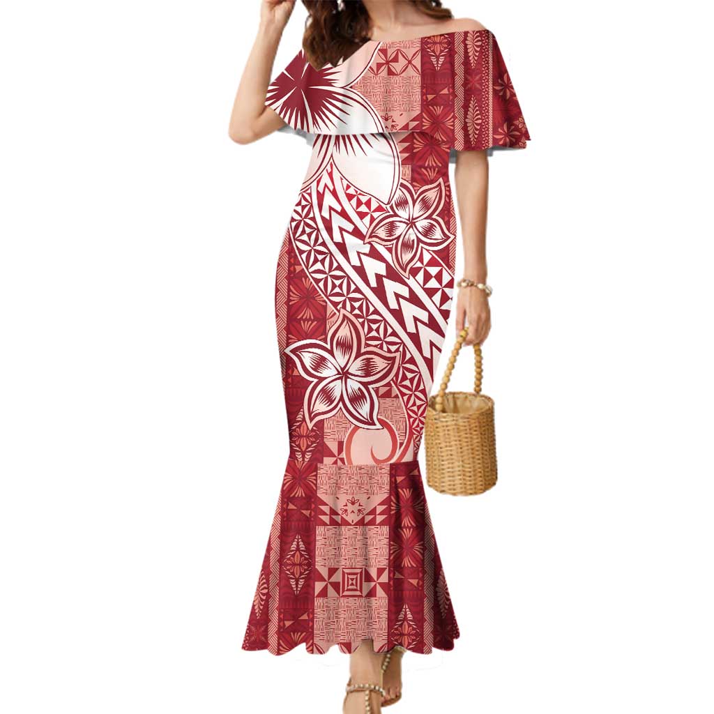 Tonga Kupesi Ngatu Family Matching Mermaid Dress and Hawaiian Shirt Vintage Red Plumeria
