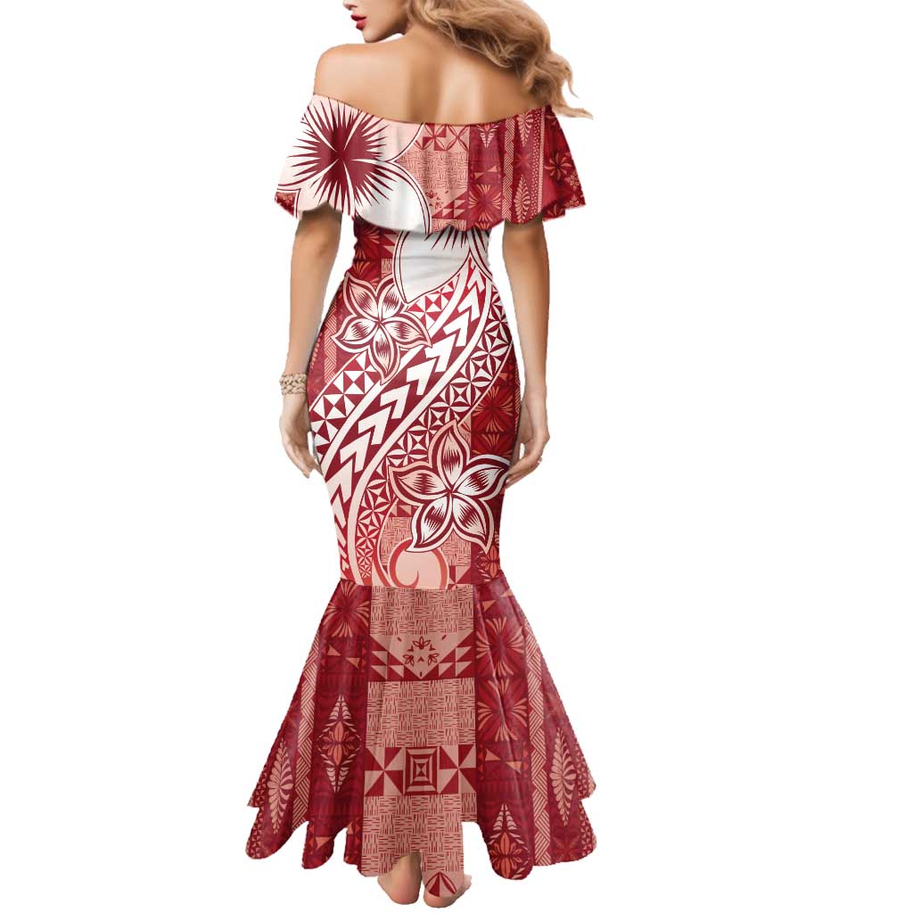 Tonga Kupesi Ngatu Family Matching Mermaid Dress and Hawaiian Shirt Vintage Red Plumeria