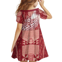 Tonga Kupesi Ngatu Family Matching Off The Shoulder Long Sleeve Dress and Hawaiian Shirt Vintage Red Plumeria