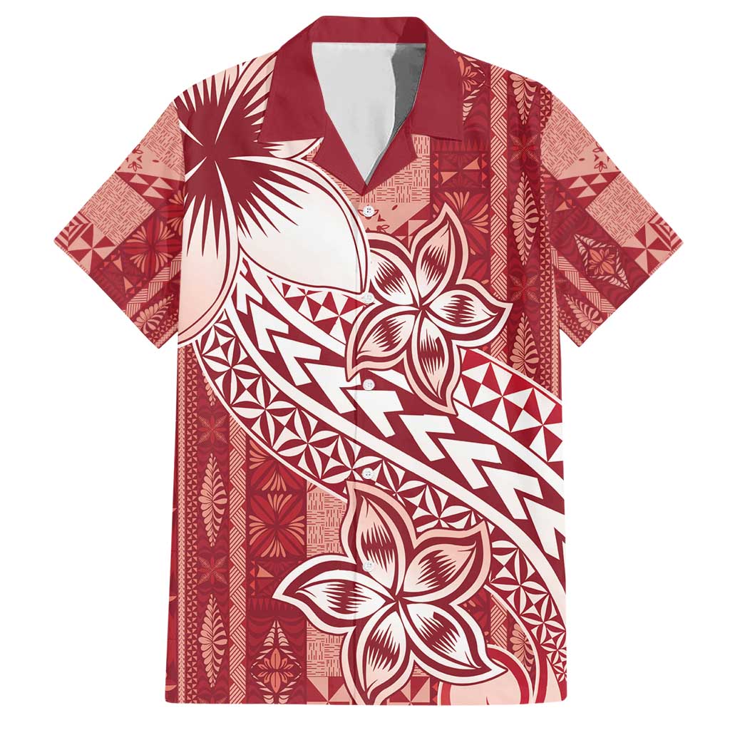 Tonga Kupesi Ngatu Family Matching Short Sleeve Bodycon Dress and Hawaiian Shirt Vintage Red Plumeria