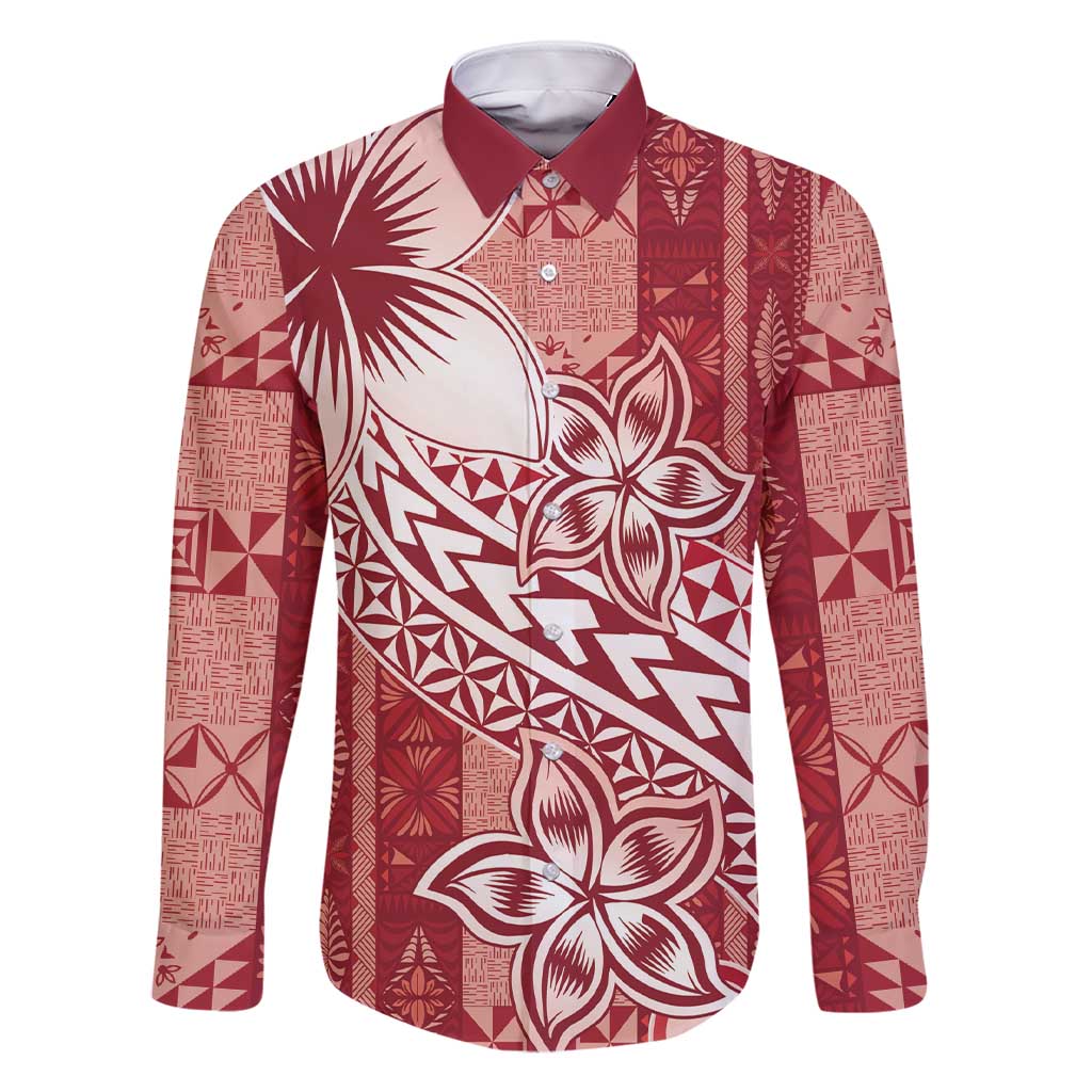 Tonga Kupesi Ngatu Family Matching Short Sleeve Bodycon Dress and Hawaiian Shirt Vintage Red Plumeria
