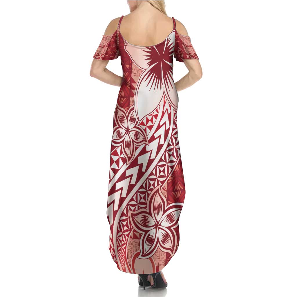 Tonga Kupesi Ngatu Family Matching Summer Maxi Dress and Hawaiian Shirt Vintage Red Plumeria