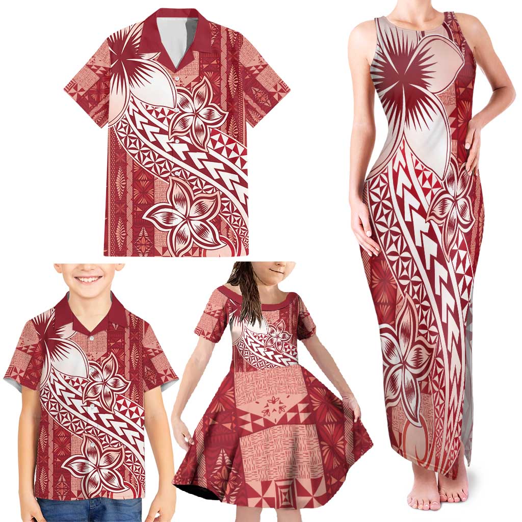 Tonga Kupesi Ngatu Family Matching Tank Maxi Dress and Hawaiian Shirt Vintage Red Plumeria