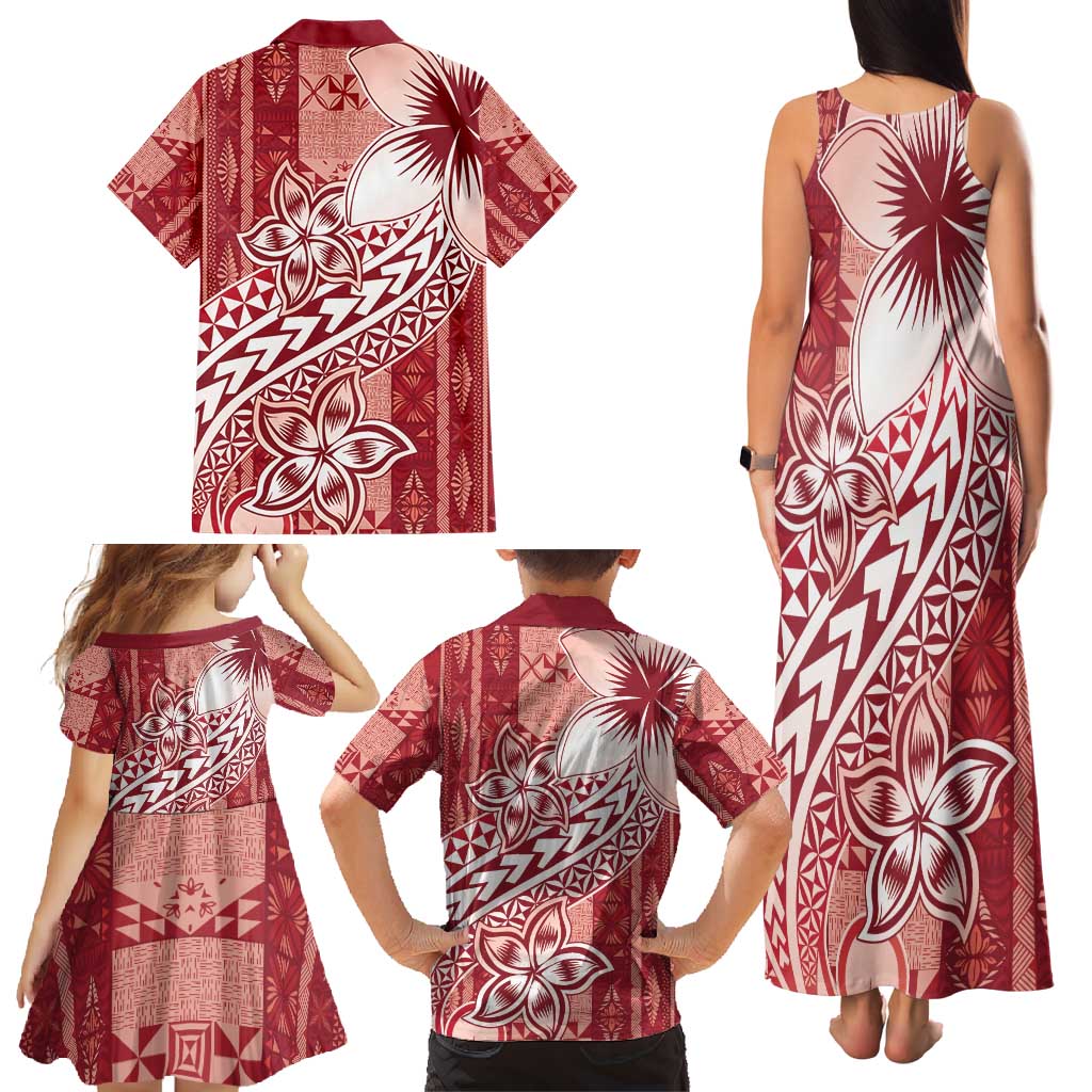 Tonga Kupesi Ngatu Family Matching Tank Maxi Dress and Hawaiian Shirt Vintage Red Plumeria