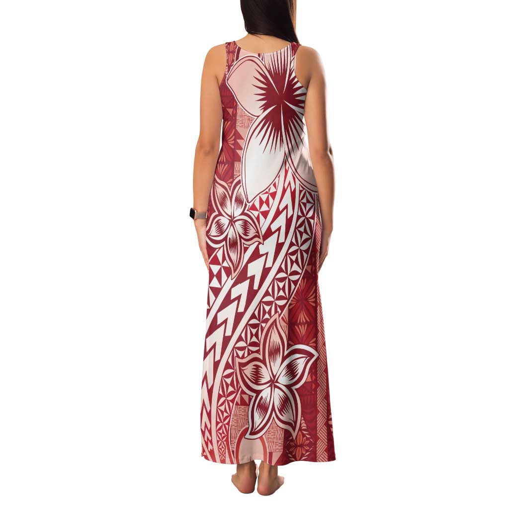 Tonga Kupesi Ngatu Family Matching Tank Maxi Dress and Hawaiian Shirt Vintage Red Plumeria