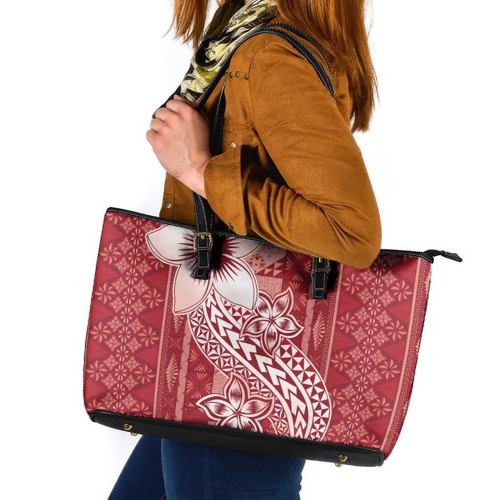 Tonga Kupesi Ngatu Leather Tote Bag Vintage Red Plumeria LT05 Red - Polynesian Pride