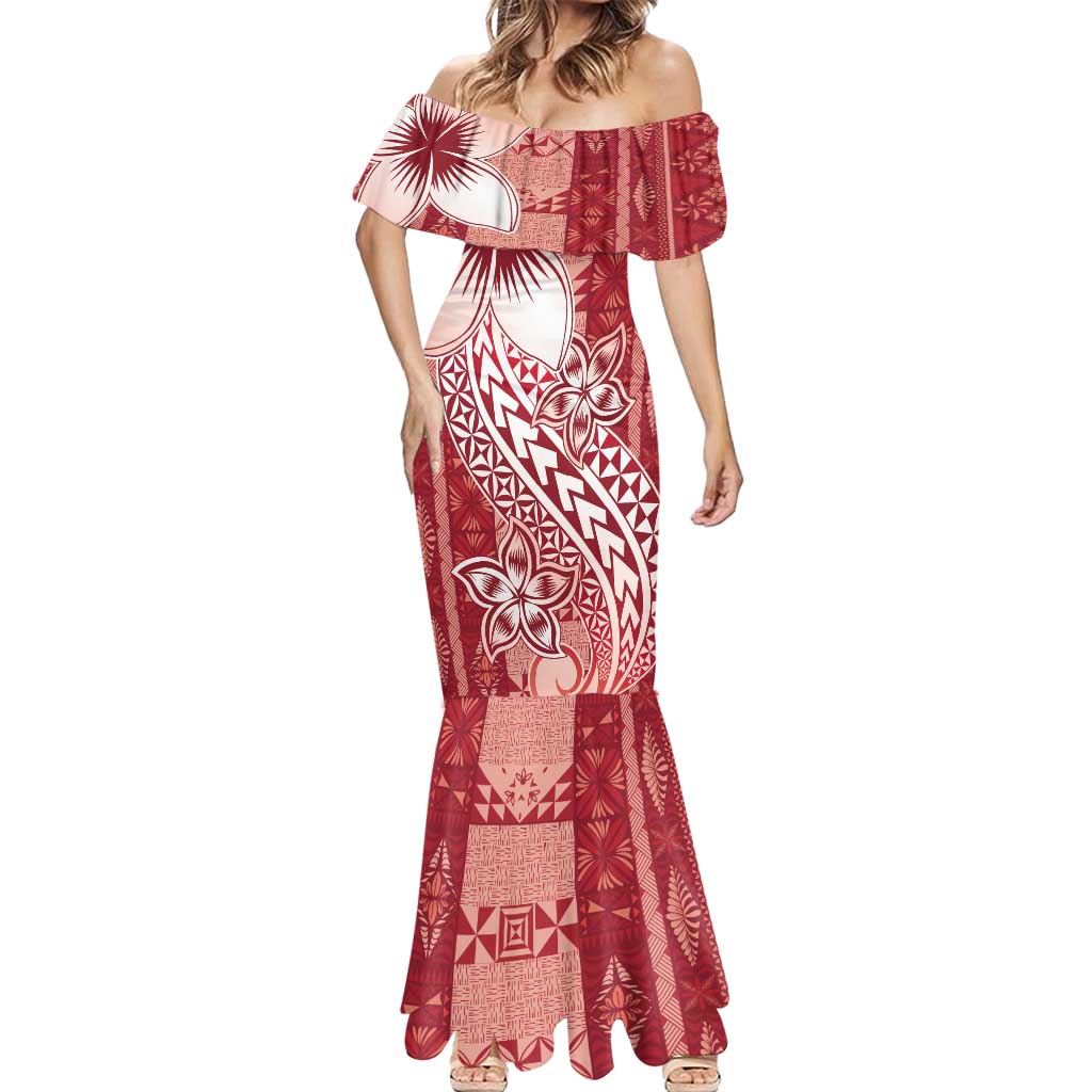 Tonga Kupesi Ngatu Mermaid Dress Vintage Red Plumeria