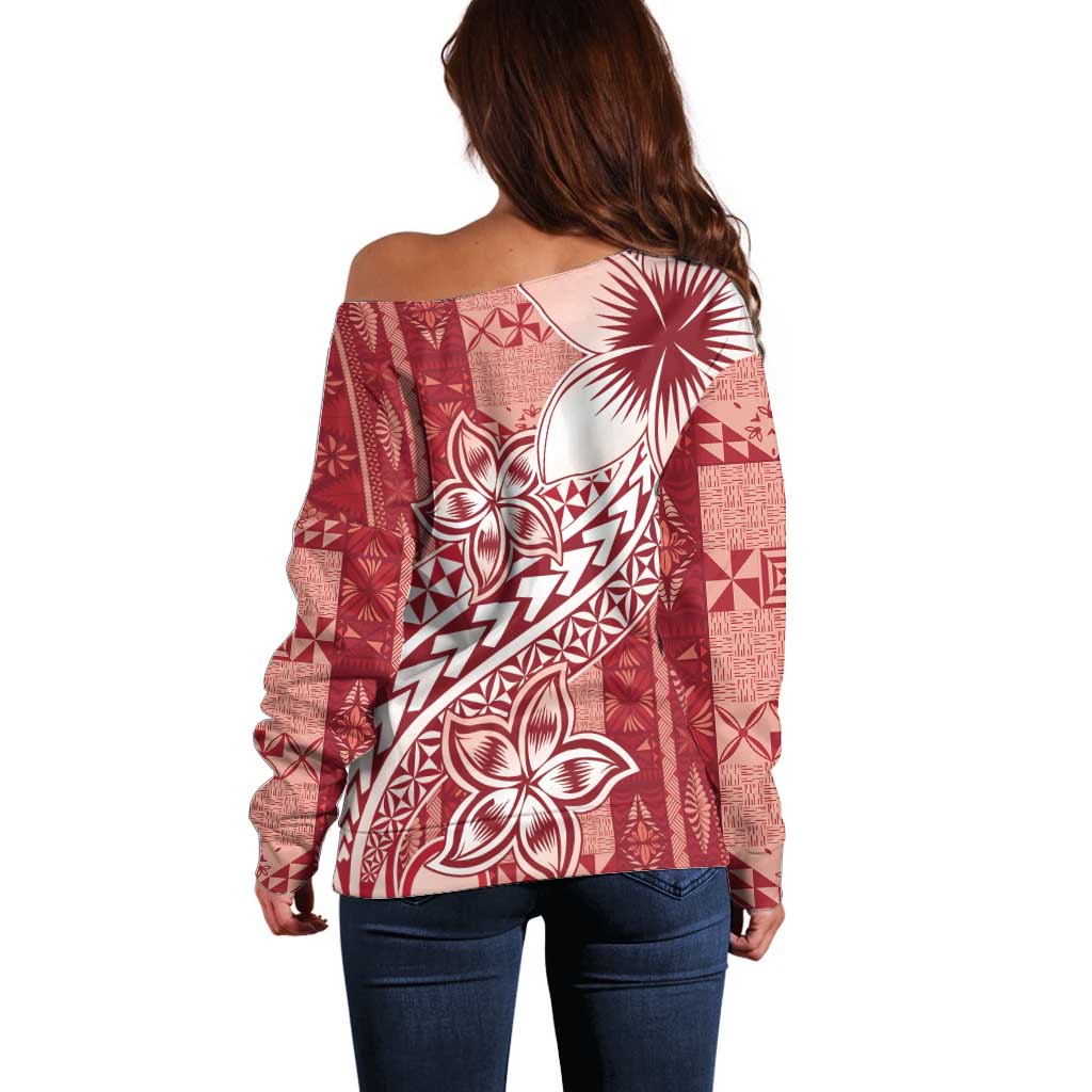 Tonga Kupesi Ngatu Off Shoulder Sweater Vintage Red Plumeria