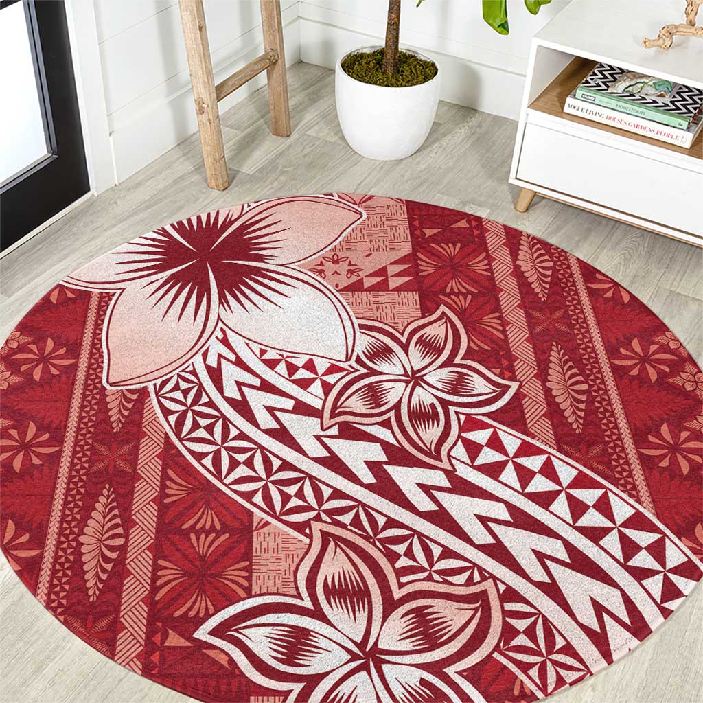 Tonga Kupesi Ngatu Round Carpet Vintage Red Plumeria