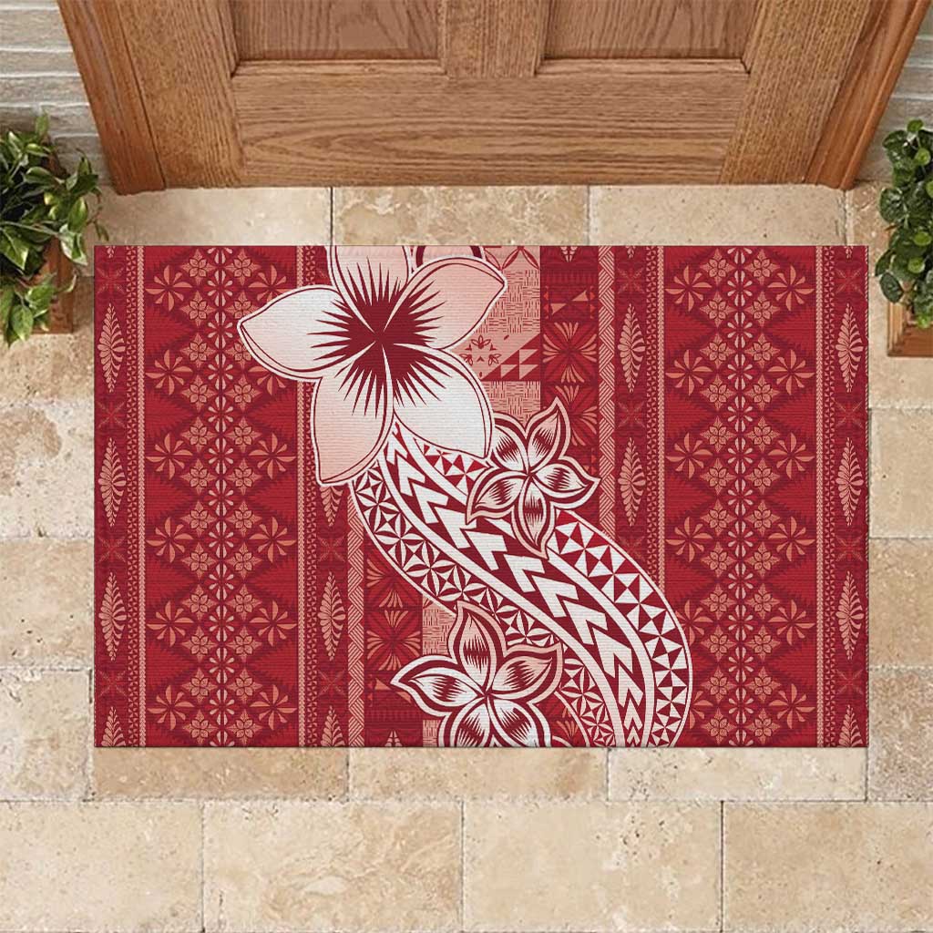 Tonga Kupesi Ngatu Rubber Doormat Vintage Red Plumeria LT05 Red - Polynesian Pride