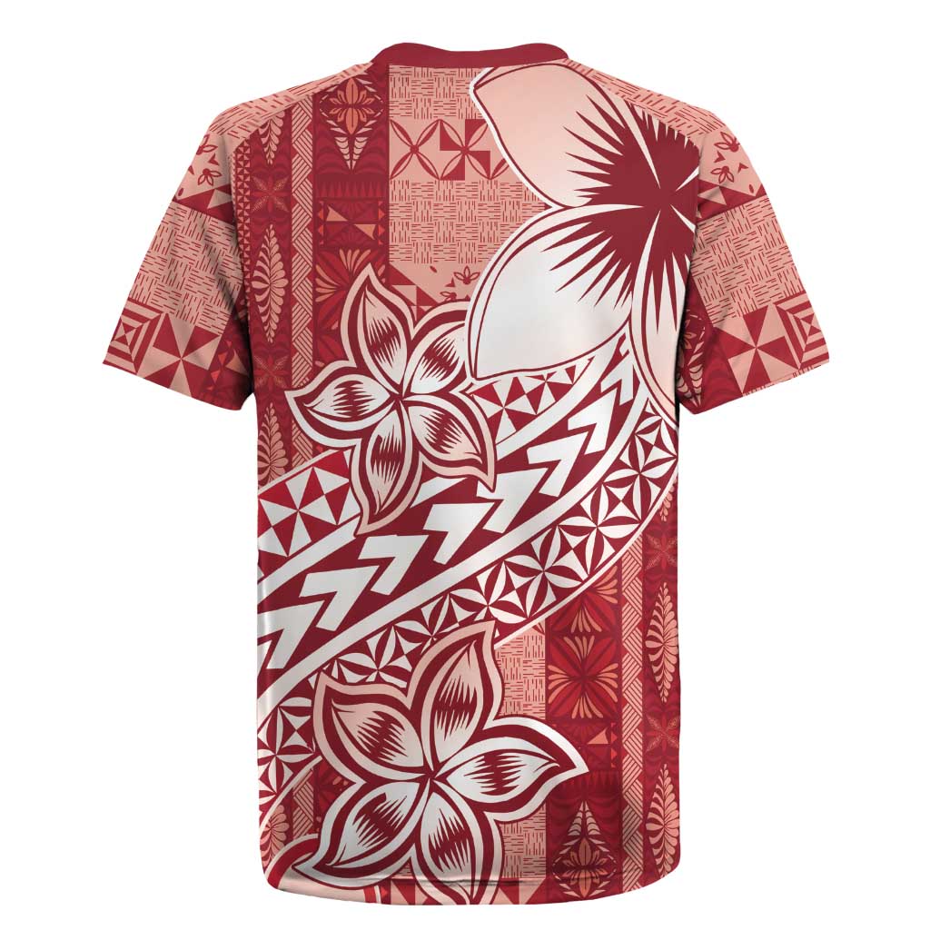 Tonga Kupesi Ngatu Rugby Jersey Vintage Red Plumeria