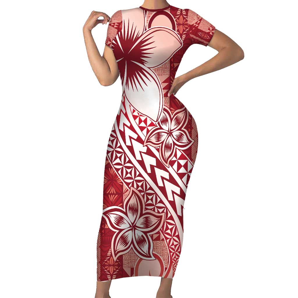 Tonga Kupesi Ngatu Short Sleeve Bodycon Dress Vintage Red Plumeria
