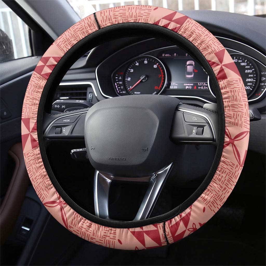 Tonga Kupesi Ngatu Steering Wheel Cover Vintage Red Plumeria