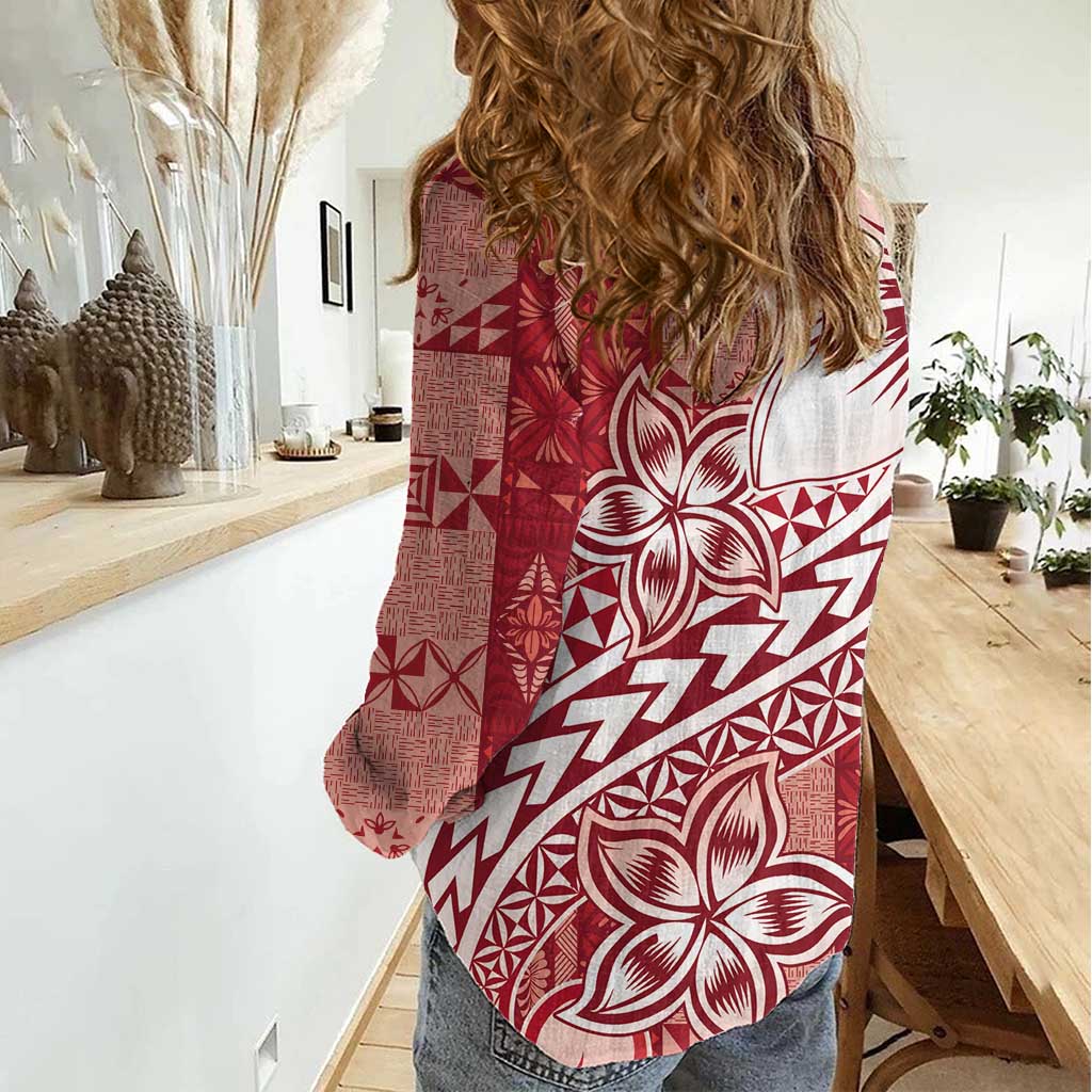 Tonga Kupesi Ngatu Women Casual Shirt Vintage Red Plumeria