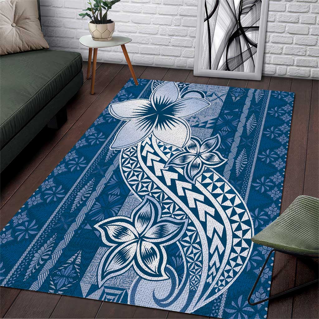 Tonga Kupesi Ngatu Area Rug Vintage Blue Plumeria