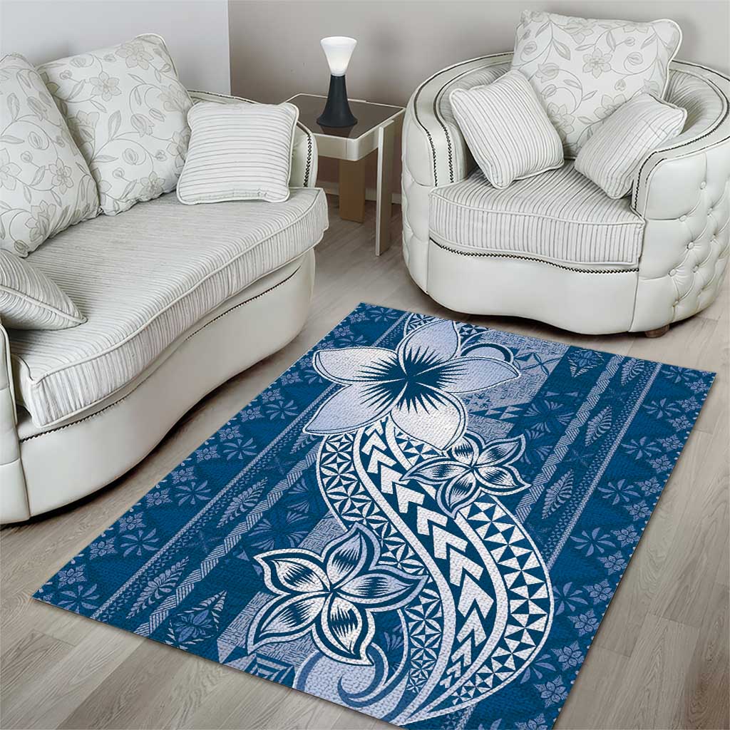 Tonga Kupesi Ngatu Area Rug Vintage Blue Plumeria