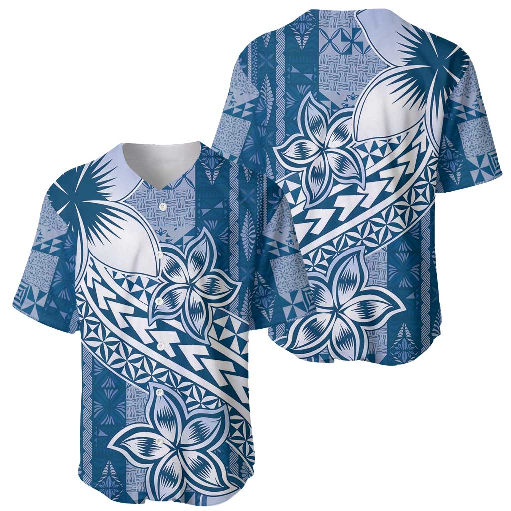 Tonga Kupesi Ngatu Baseball Jersey Vintage Blue Plumeria