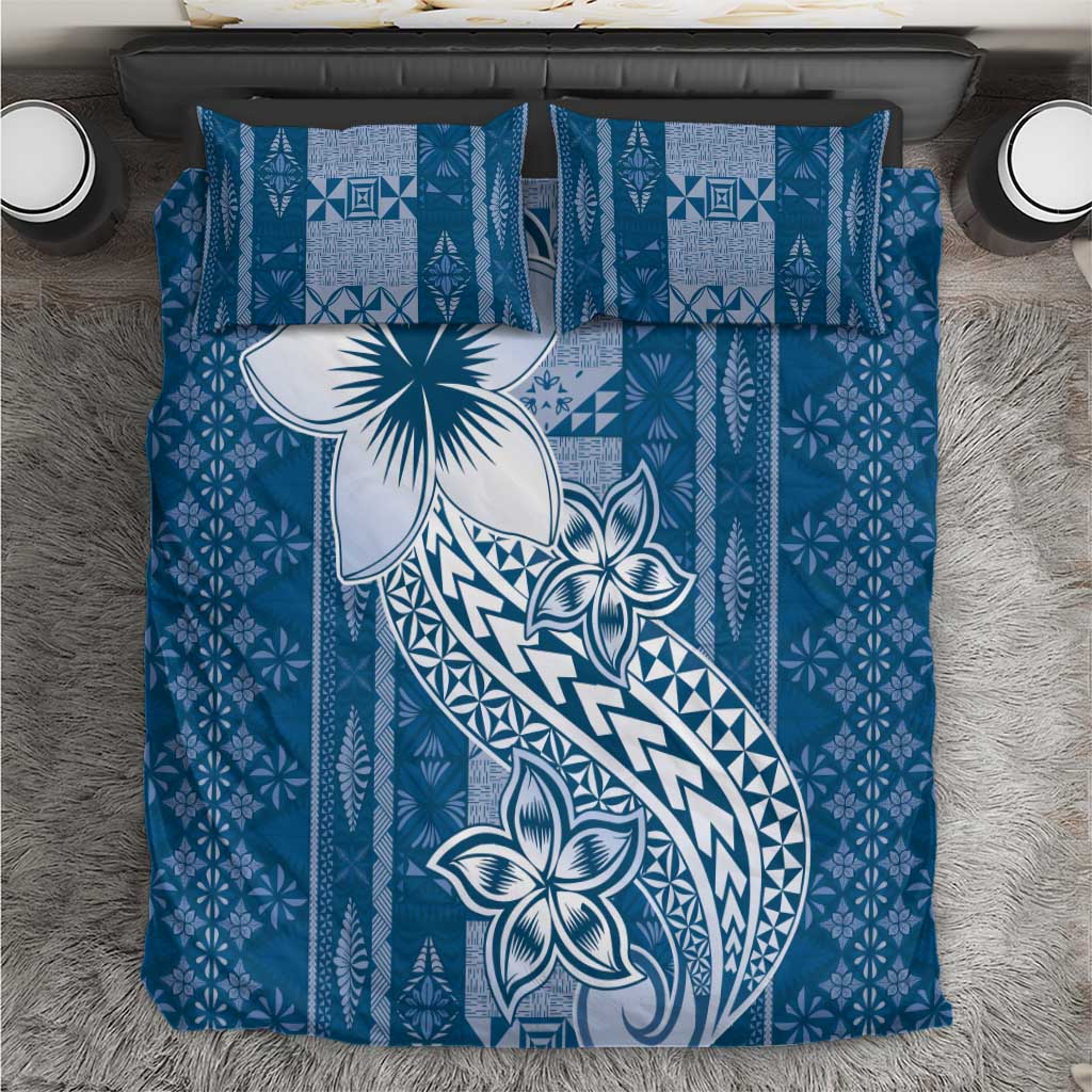 Tonga Kupesi Ngatu Bedding Set Vintage Blue Plumeria LT05 Blue - Polynesian Pride