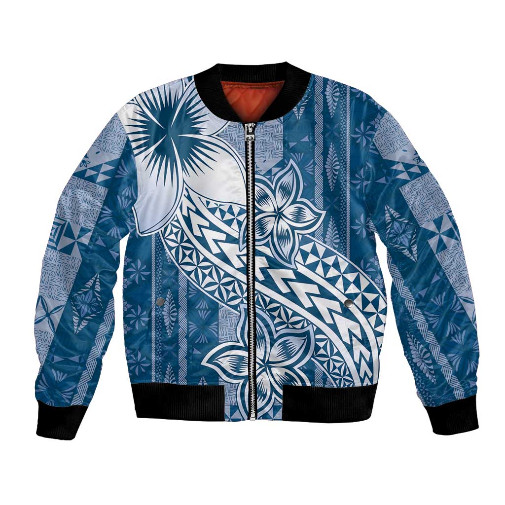 Tonga Kupesi Ngatu Bomber Jacket Vintage Blue Plumeria LT05 Unisex Blue - Polynesian Pride