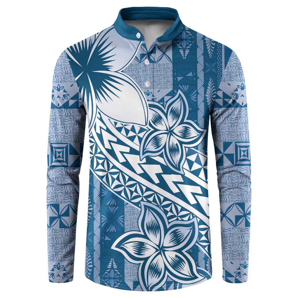 Tonga Kupesi Ngatu Button Sweatshirt Vintage Blue Plumeria LT05 Blue - Polynesian Pride