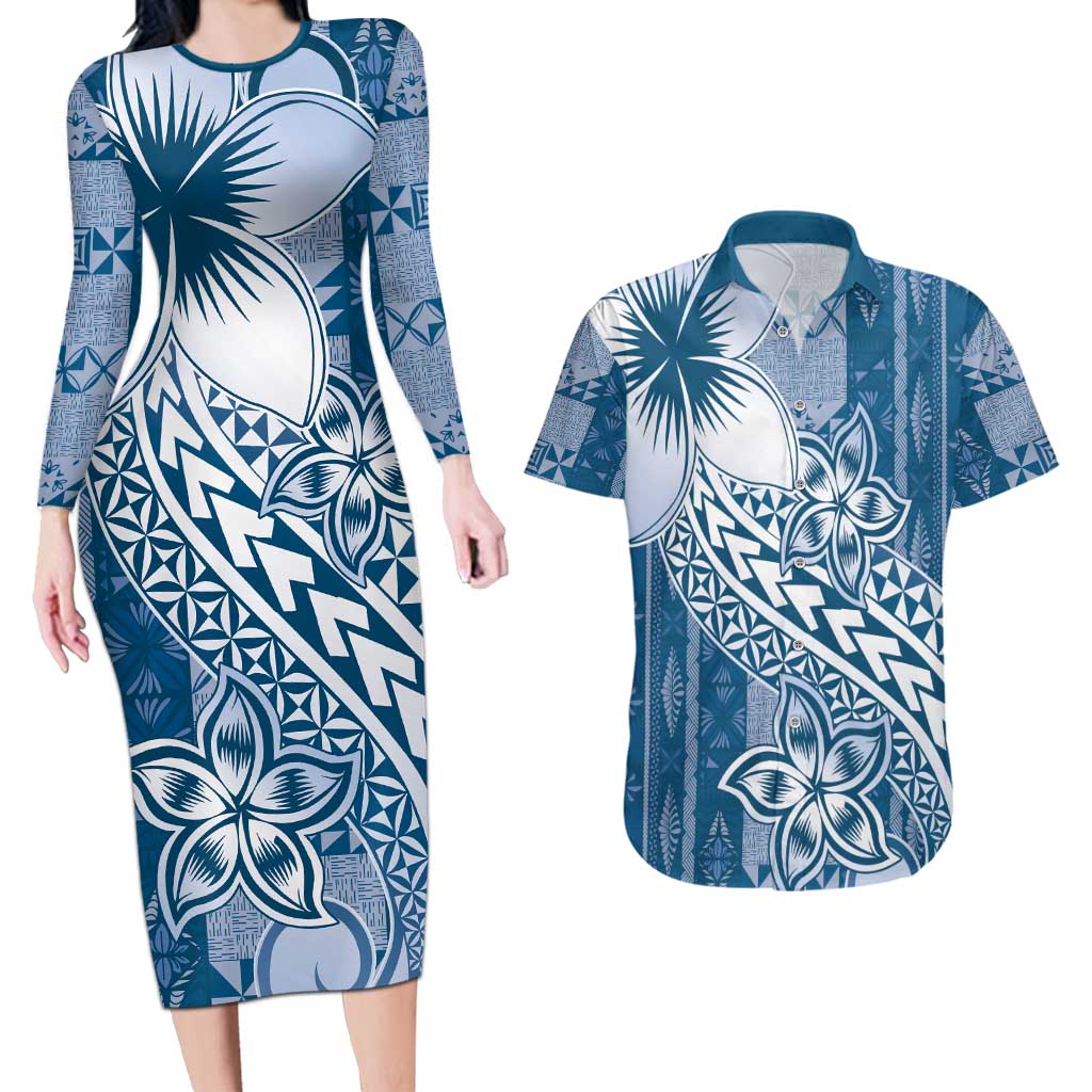 Tonga Kupesi Ngatu Couples Matching Long Sleeve Bodycon Dress and Hawaiian Shirt Vintage Blue Plumeria
