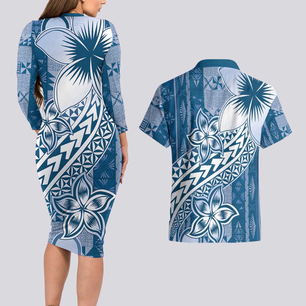 Tonga Kupesi Ngatu Couples Matching Long Sleeve Bodycon Dress and Hawaiian Shirt Vintage Blue Plumeria