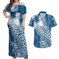 Tonga Kupesi Ngatu Couples Matching Off Shoulder Maxi Dress and Hawaiian Shirt Vintage Blue Plumeria