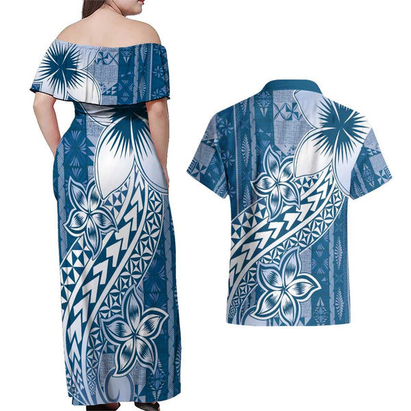 Hawaii Couples Matching Off Shoulder Maxi Dress and Hawaiian Shirt Polynesian Shark Tattoo With Plumeria Blue Gradient LT14