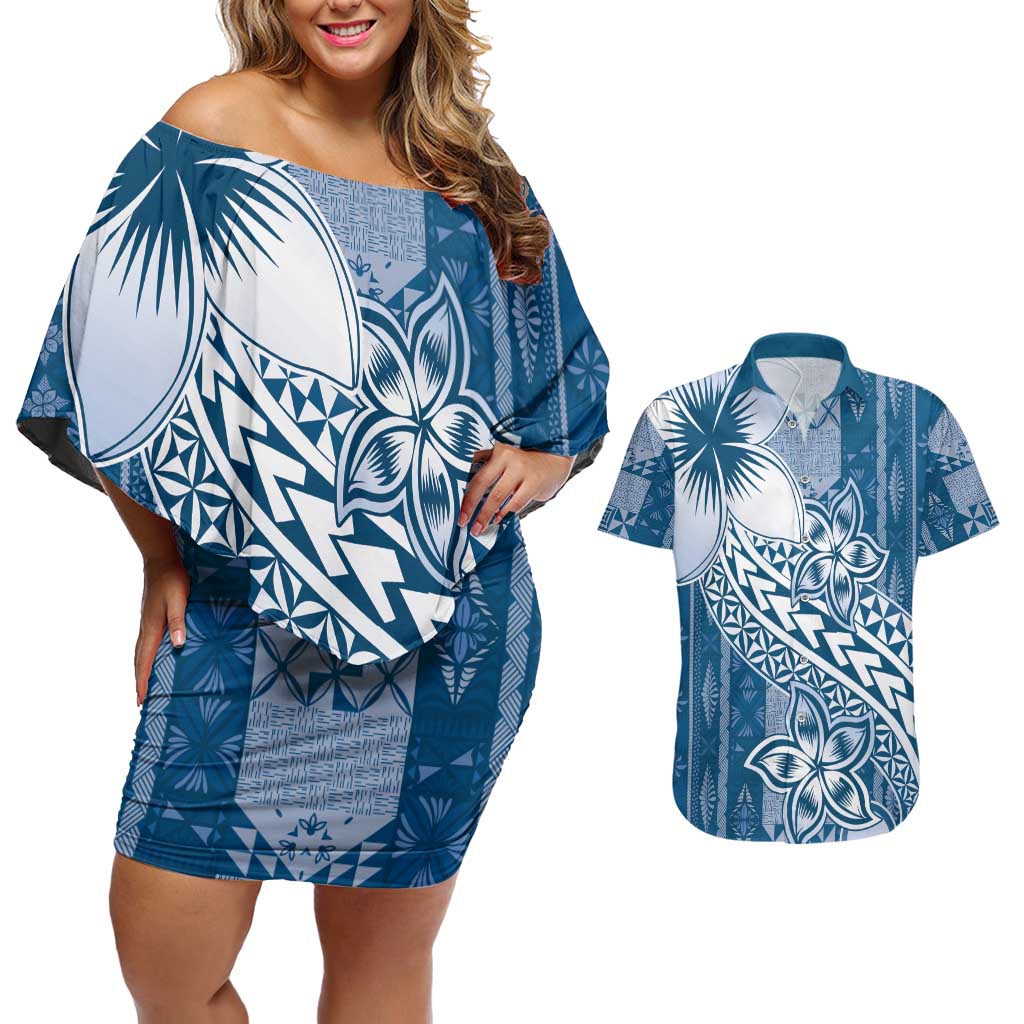 Tonga Kupesi Ngatu Couples Matching Off Shoulder Short Dress and Hawaiian Shirt Vintage Blue Plumeria