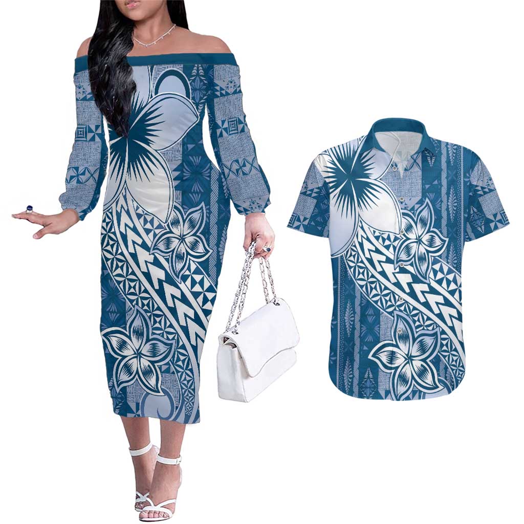 Tonga Kupesi Ngatu Couples Matching Off The Shoulder Long Sleeve Dress and Hawaiian Shirt Vintage Blue Plumeria LT05 Blue - Polynesian Pride