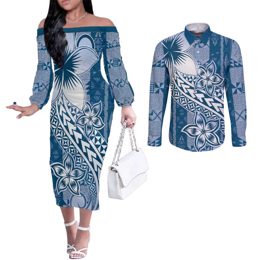 Tonga Kupesi Ngatu Couples Matching Off The Shoulder Long Sleeve Dress and Long Sleeve Button Shirt Vintage Blue Plumeria