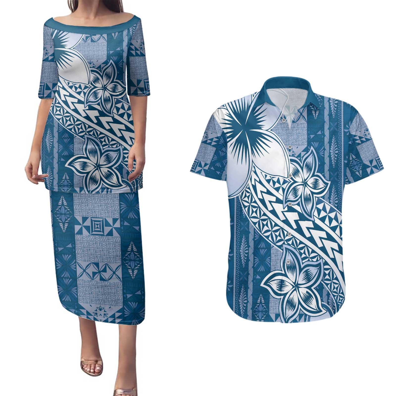 Tonga Kupesi Ngatu Couples Matching Puletasi and Hawaiian Shirt Vintage Blue Plumeria LT05 Blue - Polynesian Pride