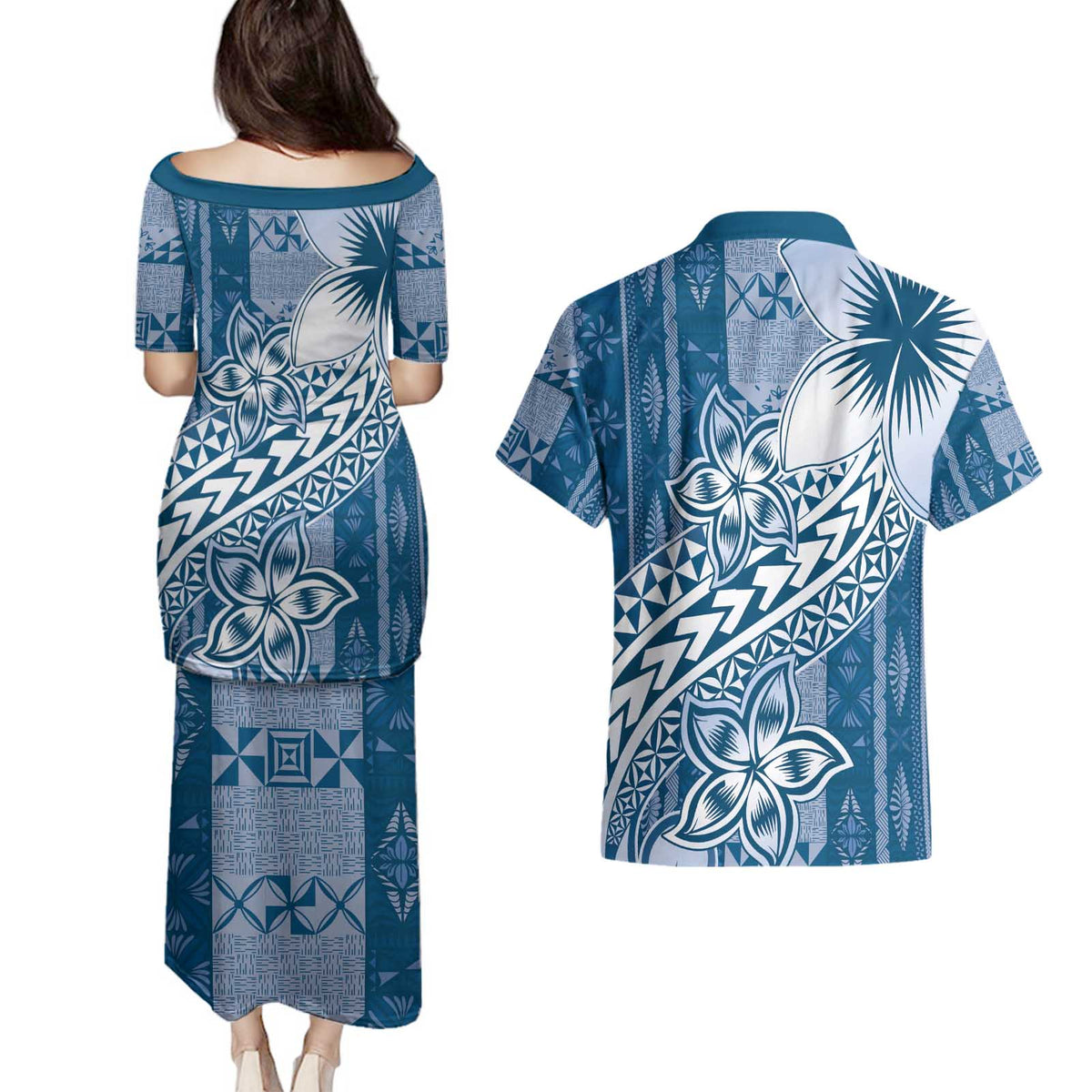 Tonga Kupesi Ngatu Couples Matching Puletasi and Hawaiian Shirt Vintage Blue Plumeria