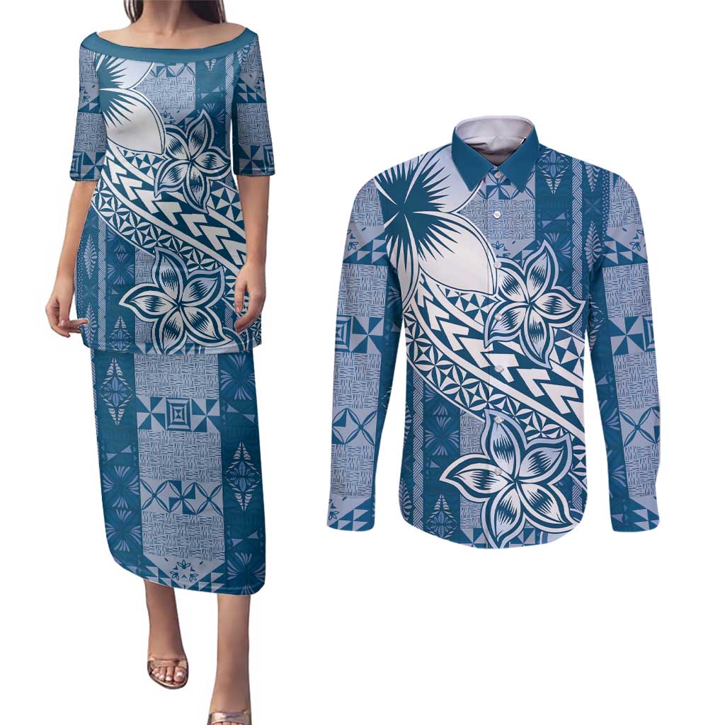 Tonga Kupesi Ngatu Couples Matching Puletasi and Long Sleeve Button Shirt Vintage Blue Plumeria