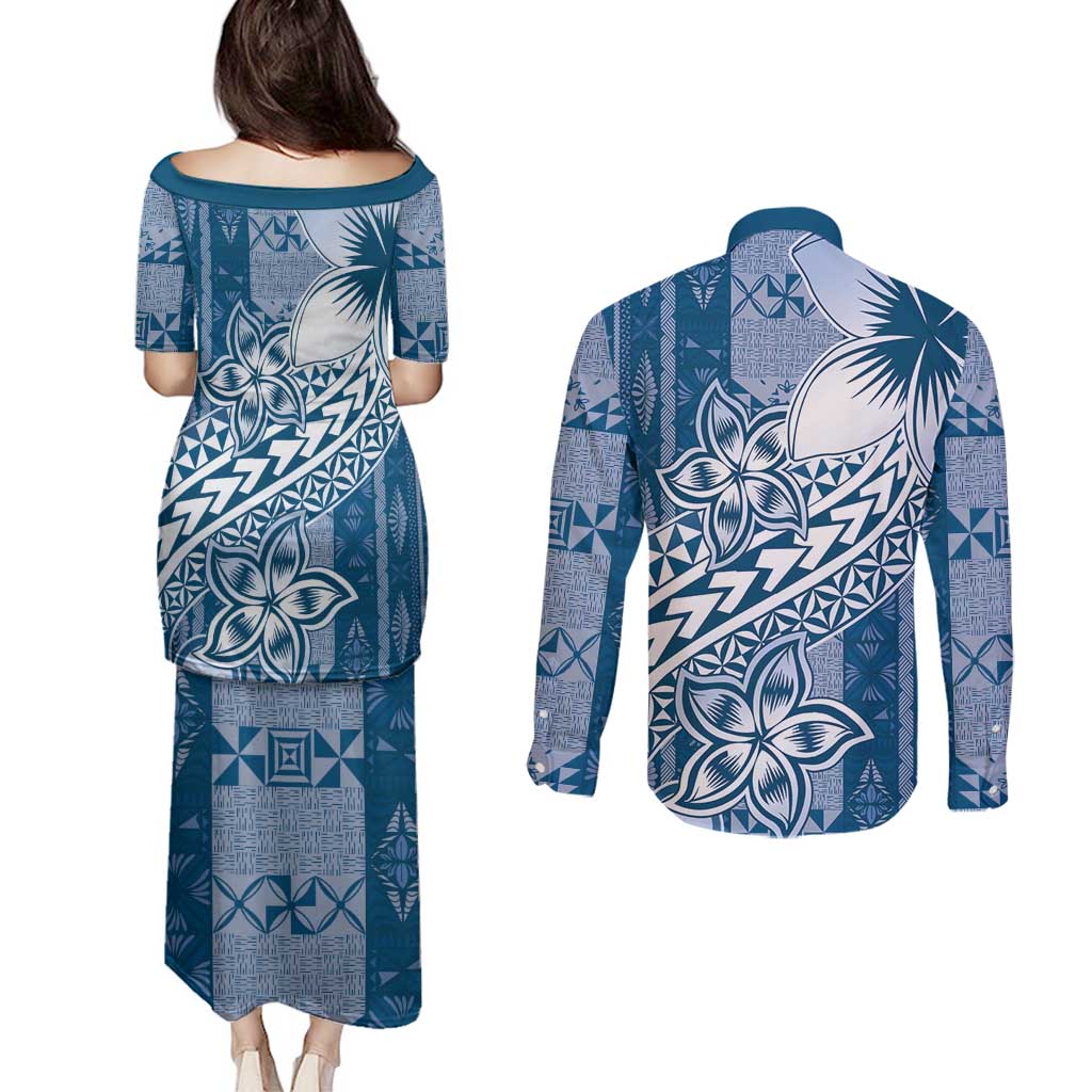 Tonga Kupesi Ngatu Couples Matching Puletasi and Long Sleeve Button Shirt Vintage Blue Plumeria LT05 - Polynesian Pride