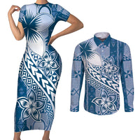 Tonga Kupesi Ngatu Couples Matching Short Sleeve Bodycon Dress and Long Sleeve Button Shirt Vintage Blue Plumeria