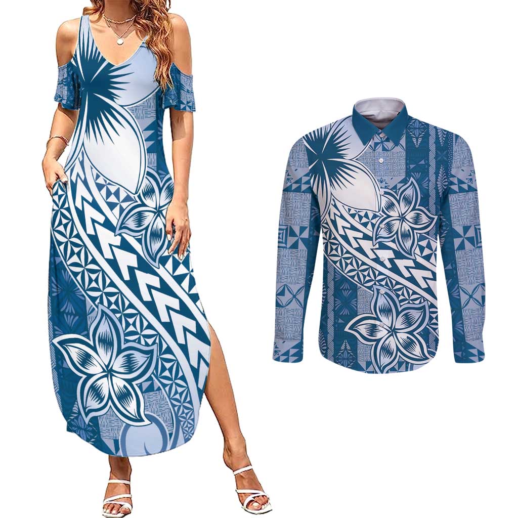 Tonga Kupesi Ngatu Couples Matching Summer Maxi Dress and Long Sleeve Button Shirt Vintage Blue Plumeria