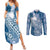 Tonga Kupesi Ngatu Couples Matching Summer Maxi Dress and Long Sleeve Button Shirt Vintage Blue Plumeria
